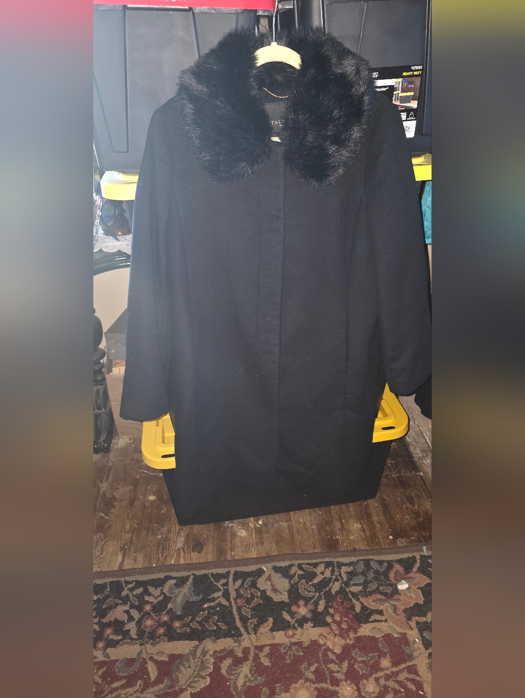 Talbots Petite Black Pea Trench Coat With Faux Fur Collar